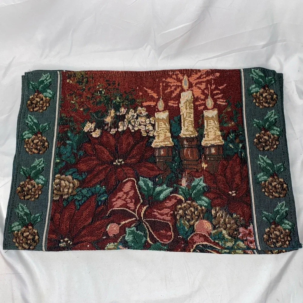 Set Of 6 Vintage Christmas Tapestry Placemats Holiday Poinsettia Pinecone Candle